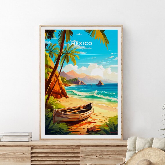 Mexico Beach Palm Trees Fishing Boat Tropical Coast Travel Poster
