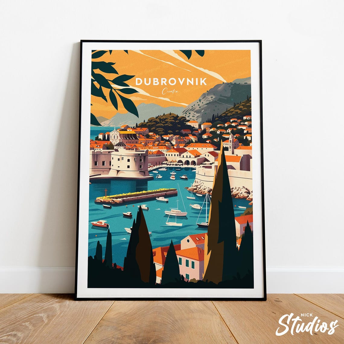 Dubrovnik Croatia Traditional Travel Poster Old Town Harbor Scene
