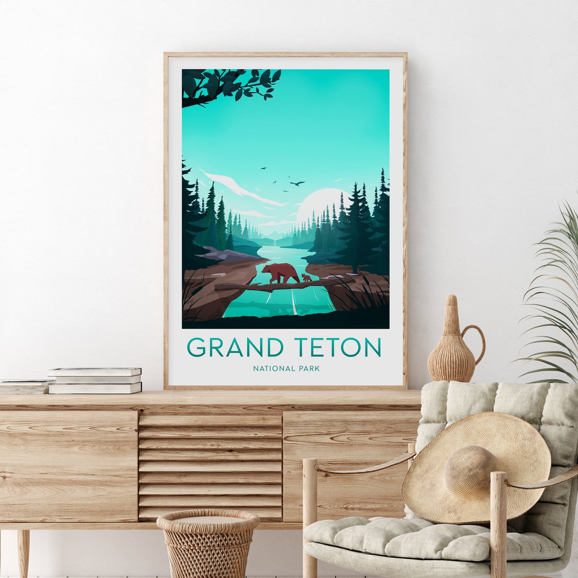 Grand Teton National Park Bear Crossing River Forest Travel Poster - Image 2