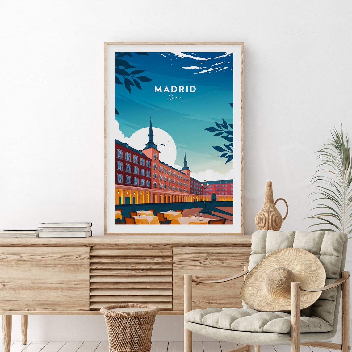 Madrid Spain Plaza Mayor Night Moon Cafe Tables Travel Poster - Image 2