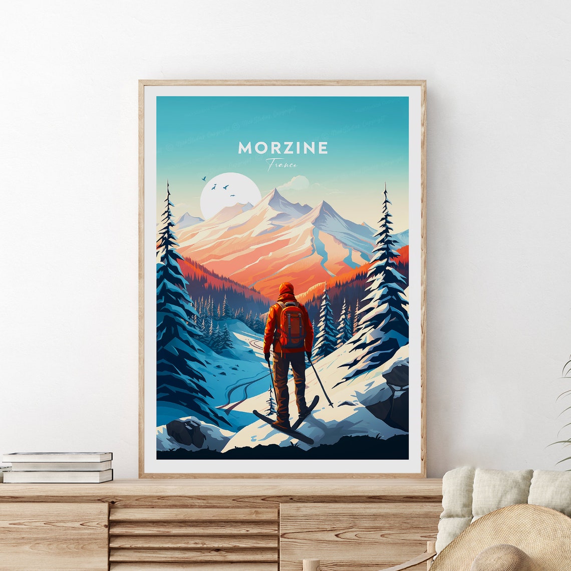 Morzine France Skier Overlooking Snowy Alps Sunset Travel Poster - Image 2