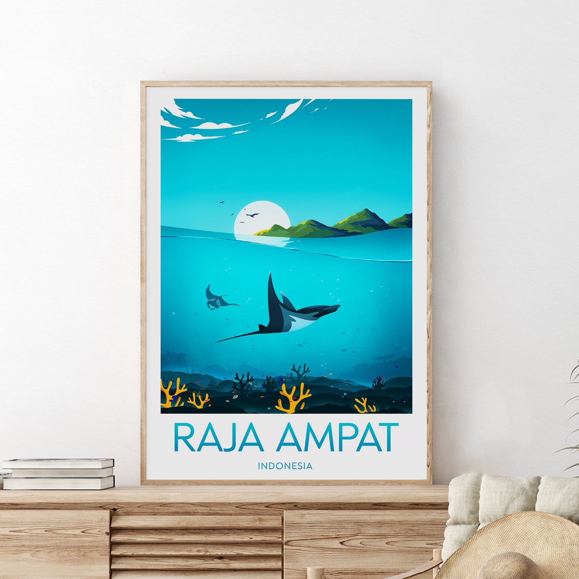 Raja Ampat Indonesia Manta Ray Underwater Coral Reef Travel Poster