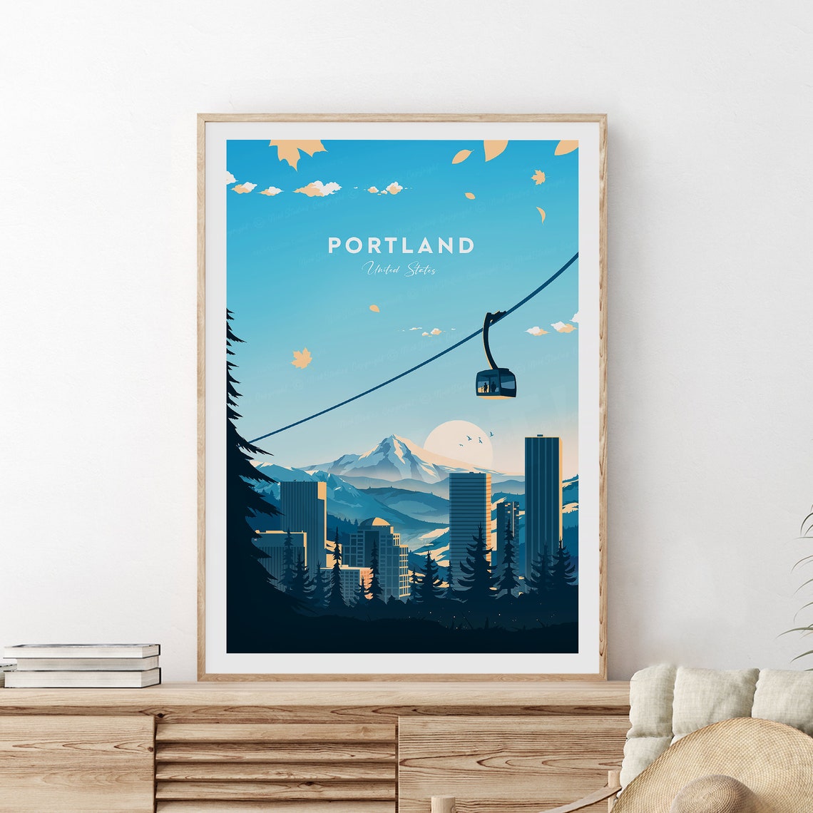 Portland Oregon Cable Car Over Skyline to Snowy Mountain Poster
