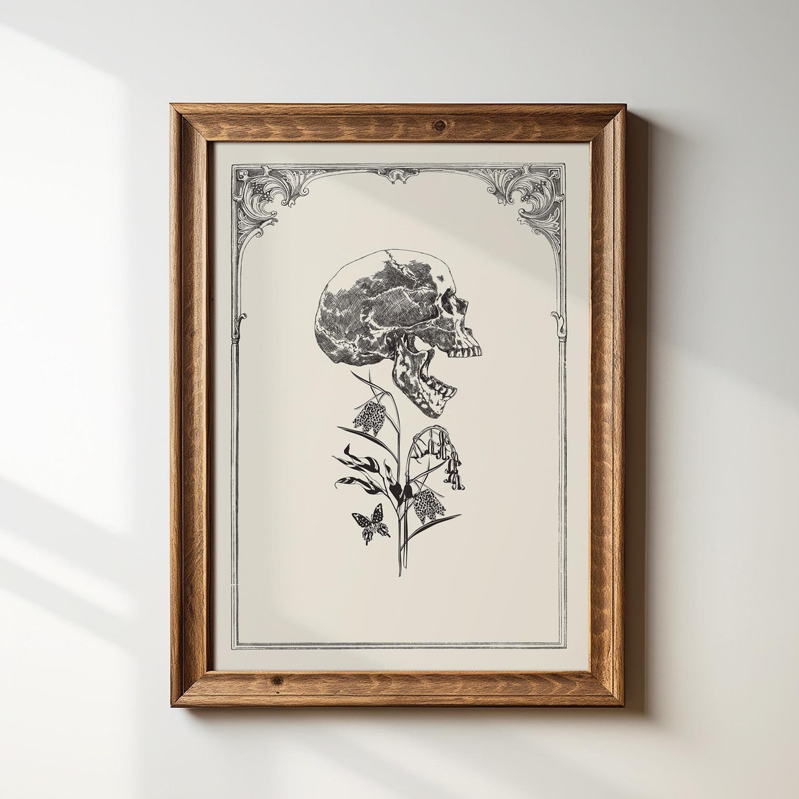 Vintage Skull With Flowers Engraved Gothic Dark Academia Print