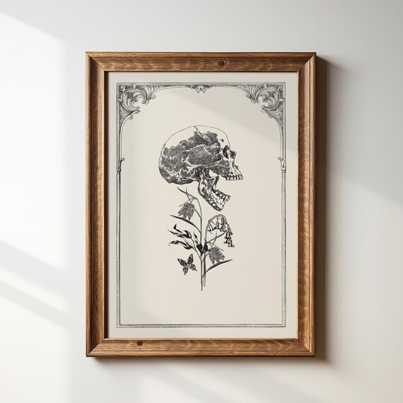 Vintage Skull With Flowers Engraved Gothic Dark Academia Print