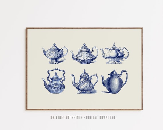 Kitchen Wall Art Blue Vintage Teapots Illustration Minimalist Dining Room Decor Large Poster