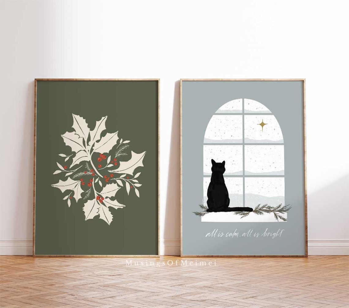 Holly Leaves and Red Berries on Dark Olive Green Holiday Poster - Image 3