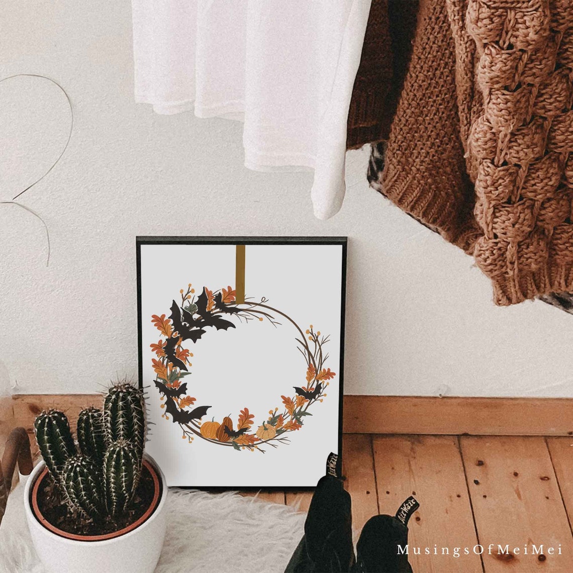 Cute Halloween Wreath with Bats and Pumpkins Autumn Wall Poster - Image 3