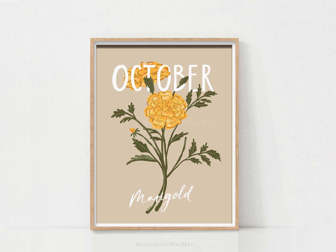 October Birth Flower Marigold Botanical Wall Art as Birthday Gift
