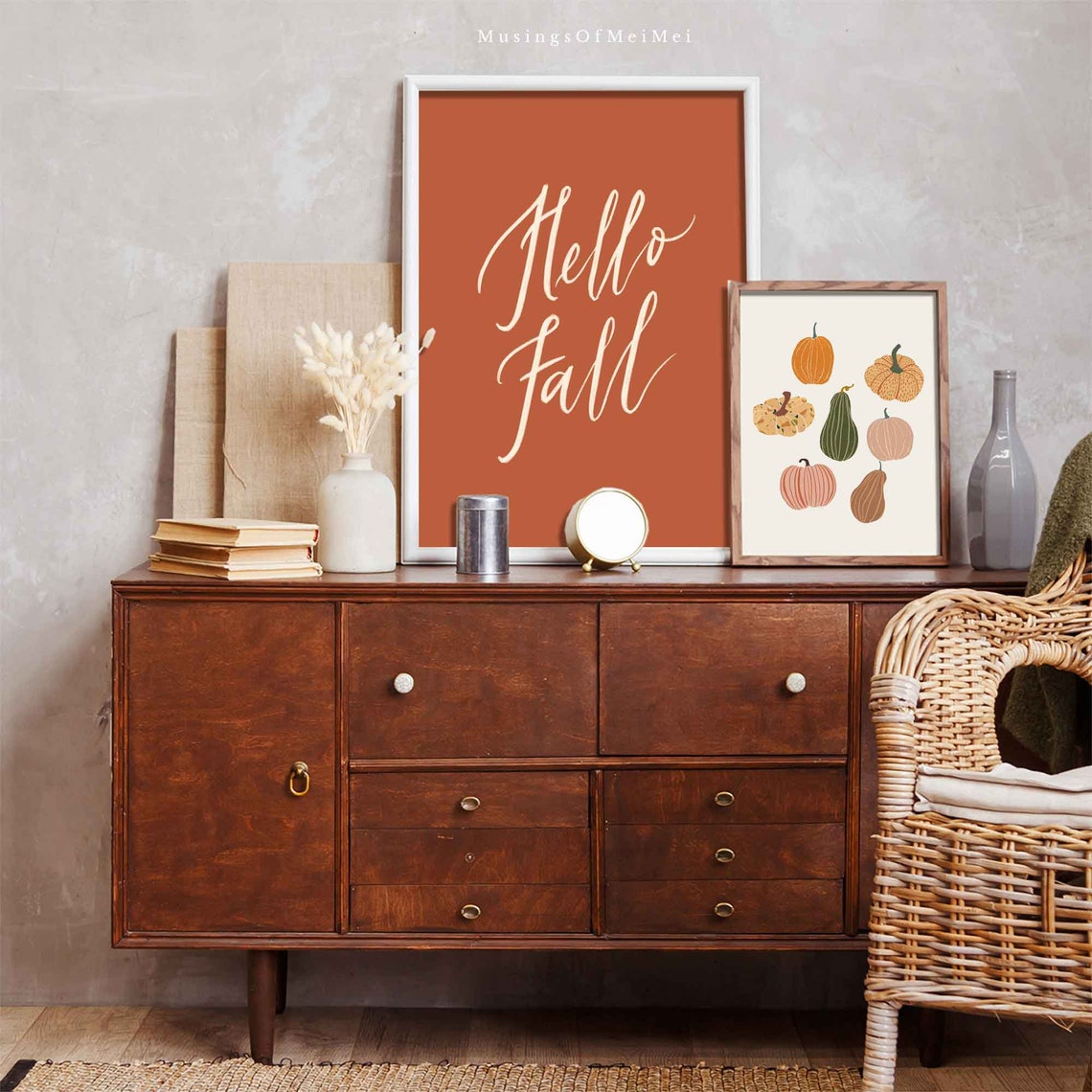 Hello Fall Cream Brush Calligraphy on Burnt Orange Autumn Poster - Image 2