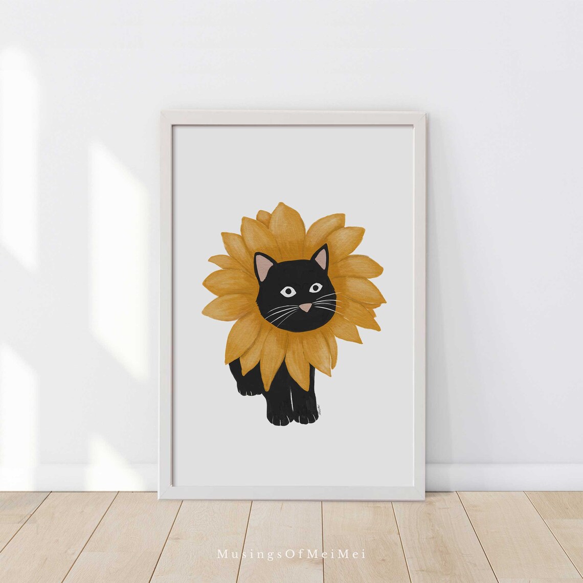 Black Cat with Golden Sunflower Mane Vertical Portrait Cute Pet Art Poster - Image 3