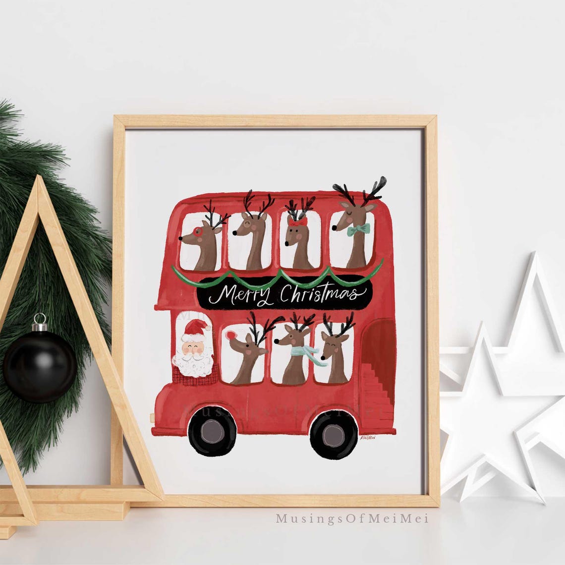Reindeer Riding a Red Double Decker Bus Merry Christmas Poster - Image 3