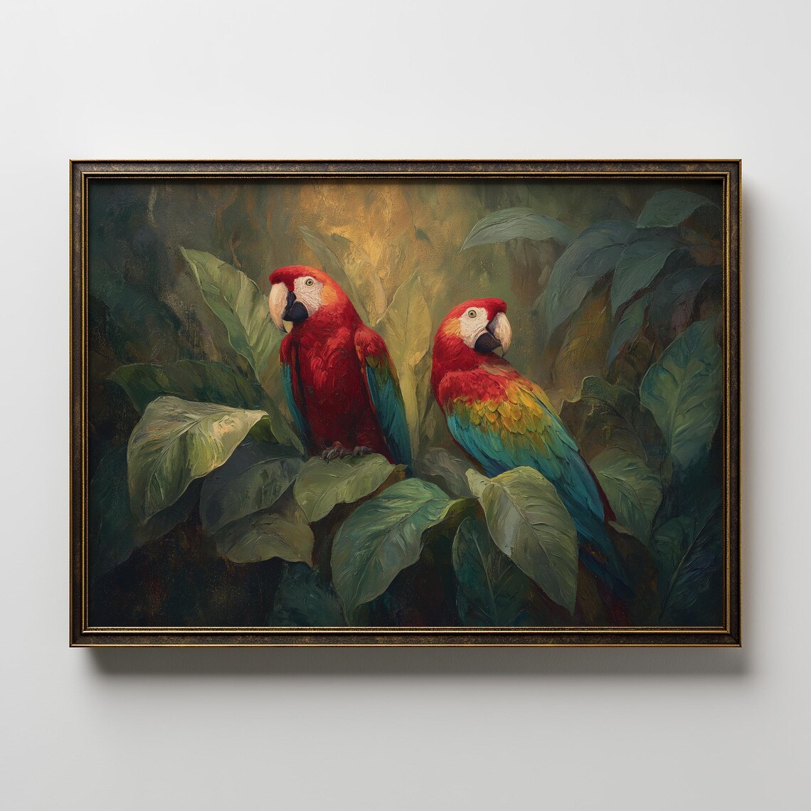 Tropical Parrots Painting, Exotic Jungle Bird Art