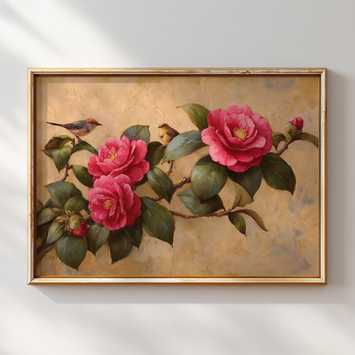Pink Camellia Flowers Birds Vintage Botanical Oil Painting Poster