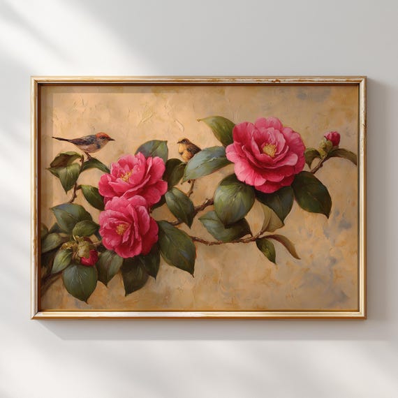 Floral Bird Painting Botanical Wall Art Print Vintage Flower Poster Romantic Garden Artwork Nature Inspired Home Decor