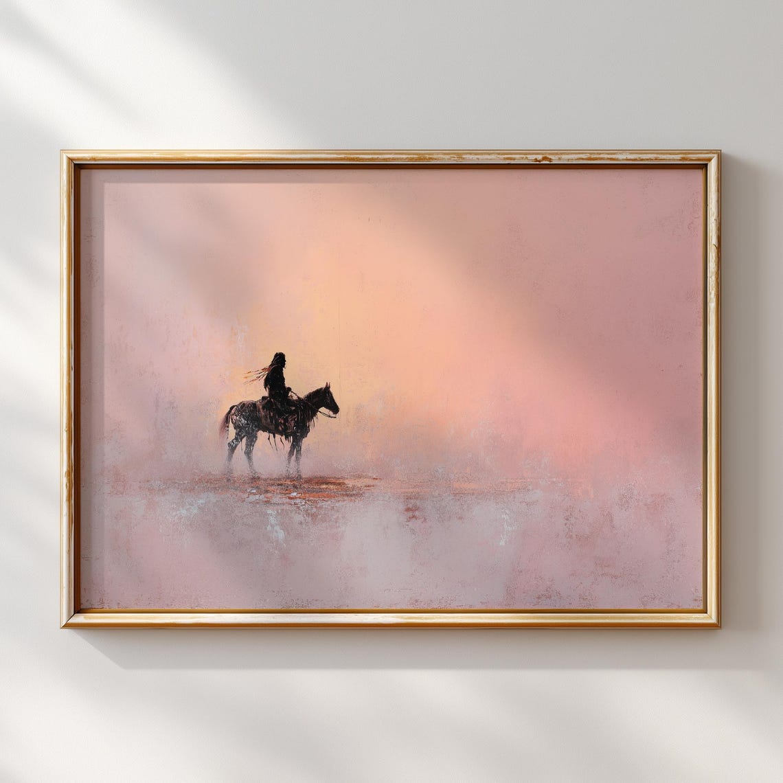 Lone Cowboy Horseback Dusty Pink Desert Minimalist Western Wall Art