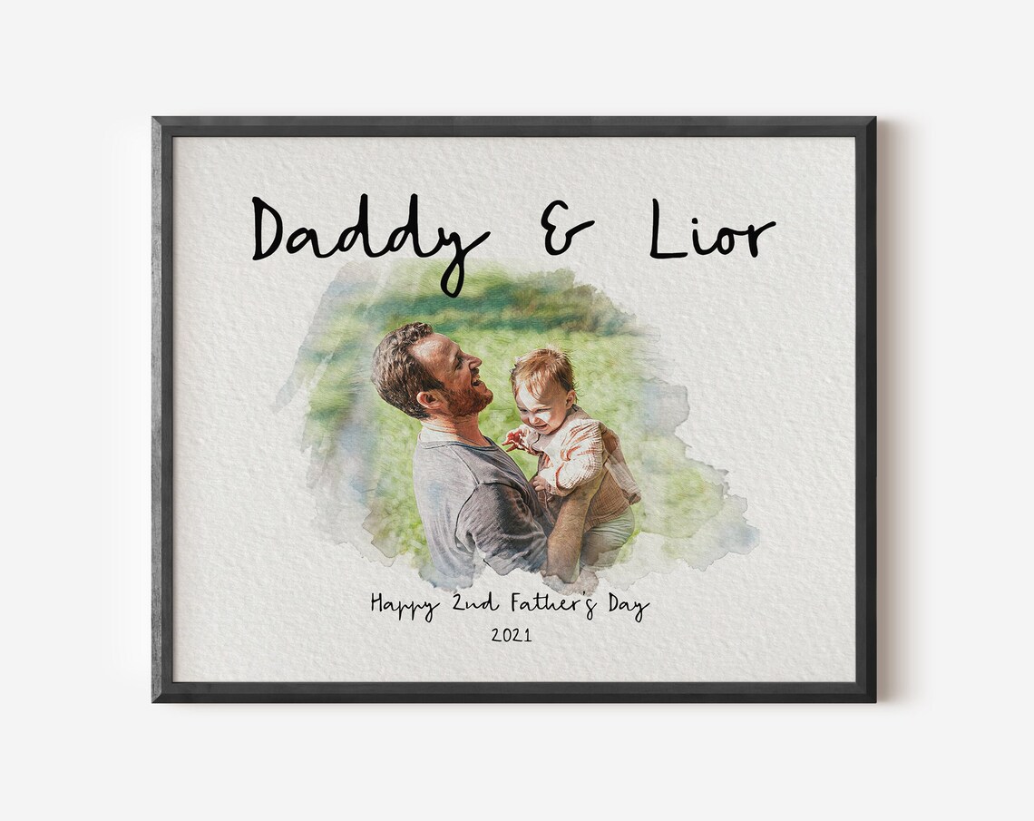 Daddy and Lior Happy 2nd Father's Day 2021 Watercolor Portrait Poster
