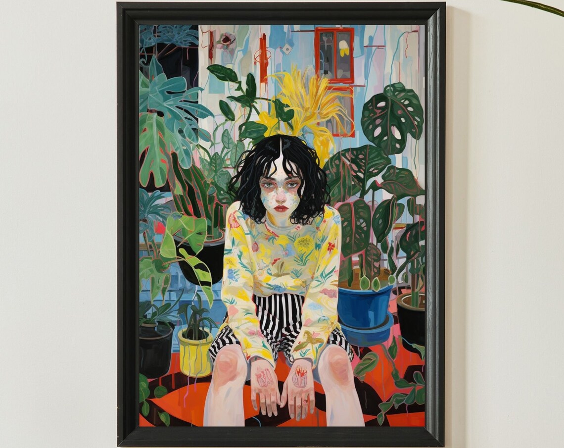 Woman in Tropical Plants Botanical Monstera Modern Art Poster