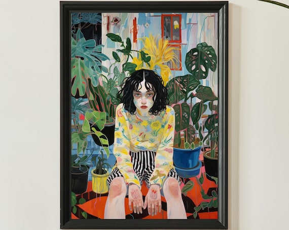 Woman in Tropical Plants Botanical Monstera Modern Art Poster