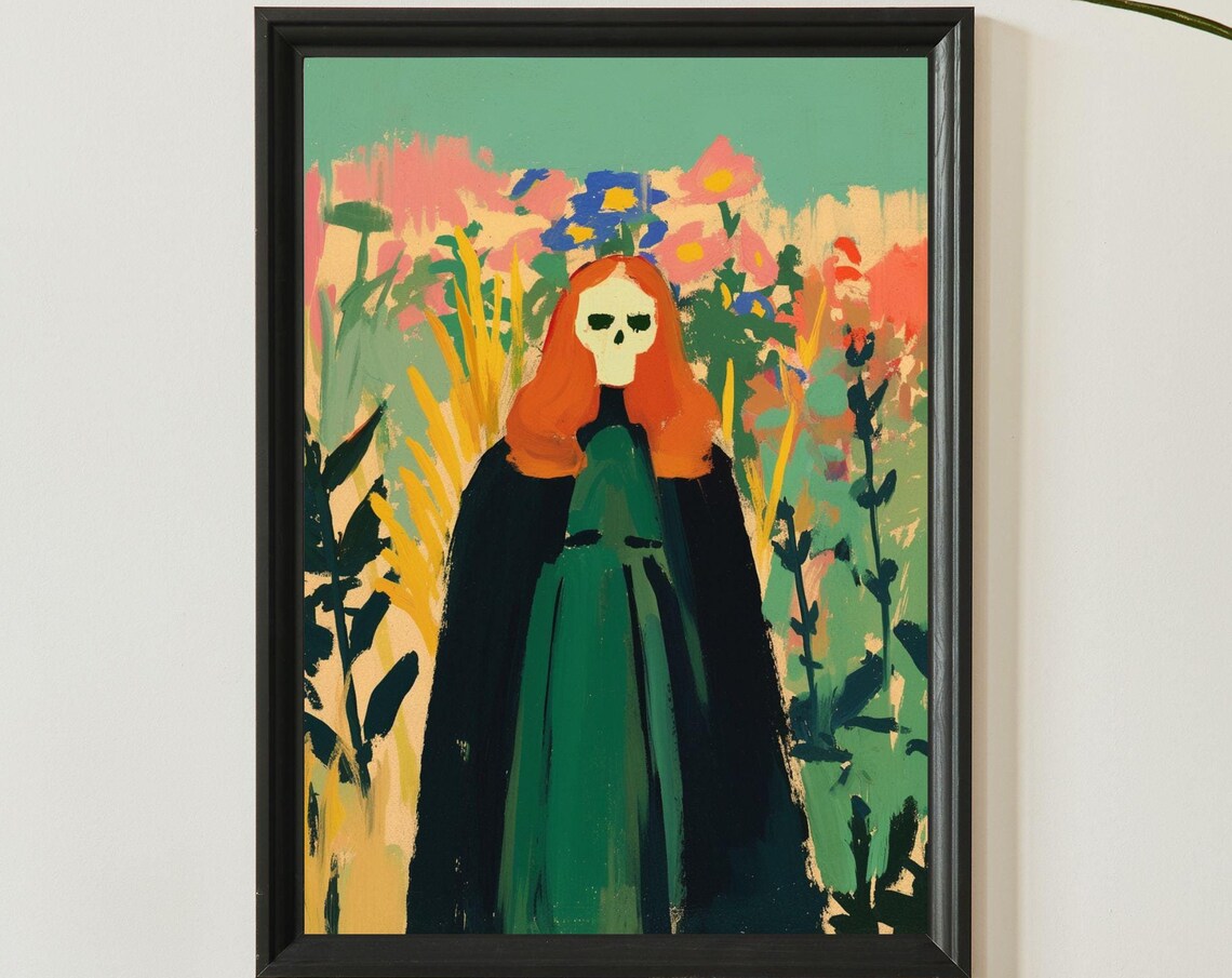 Dark Folk Art Woman With Skull Face Red Hair Flower Meadow Poster