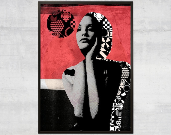 Pop Art Woman Portrait Red Black Halftone Modern Wall Decor Poster