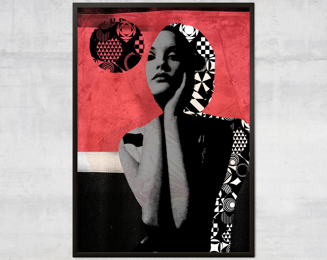 Pop Art Woman Portrait Red Black Halftone Modern Wall Decor Poster