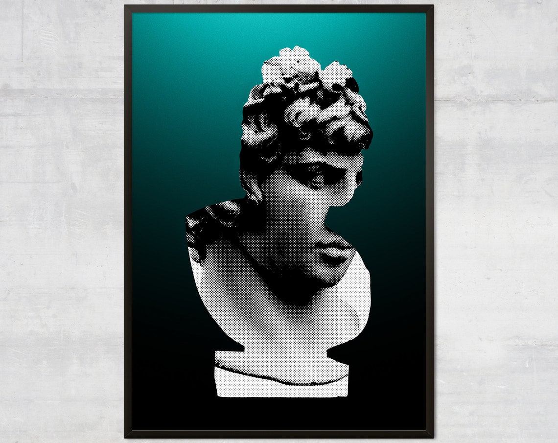 Classical Marble Bust Halftone Pop Art on Teal Gradient Poster