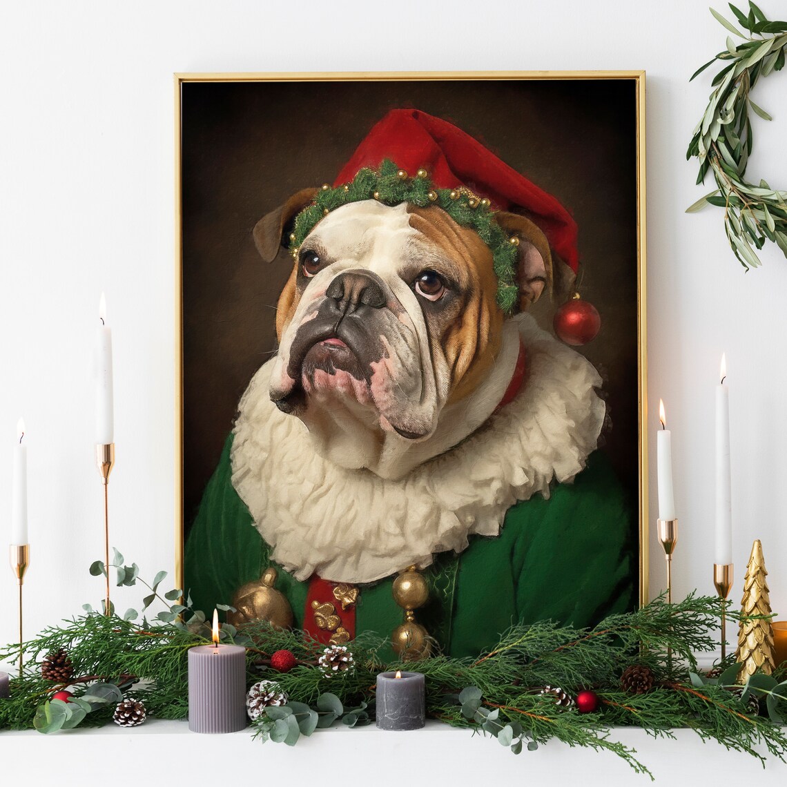 Christmas Bulldog Vintage Portrait, Festive Art Print