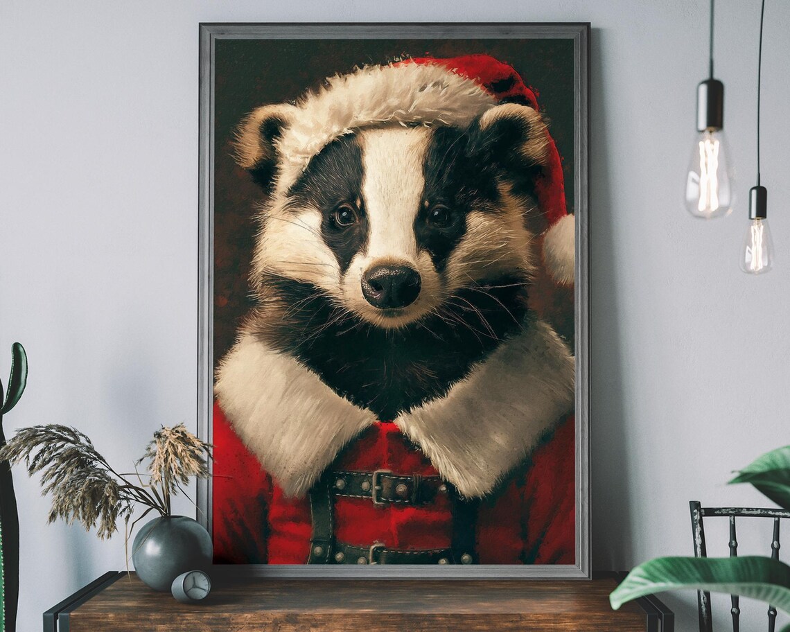 Christmas Badger Santa Suit Vintage Animal Portrait Holiday Poster