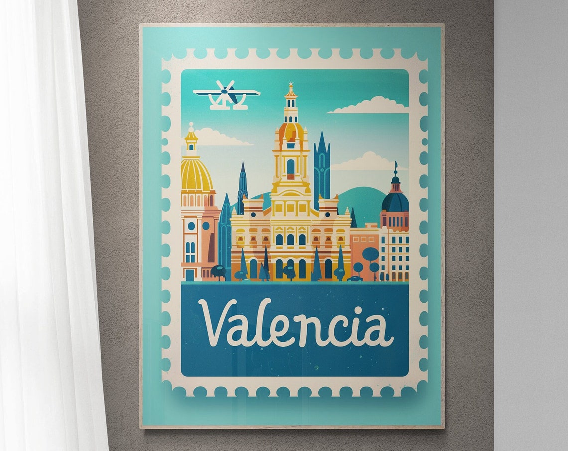 Valencia Spain City Skyline Vintage Stamp Style Travel Poster