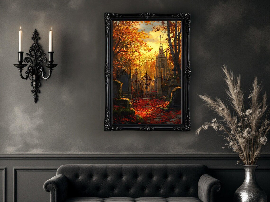 Gothic Cemetery In Autumn, Spooky Halloween Decor - Image 2