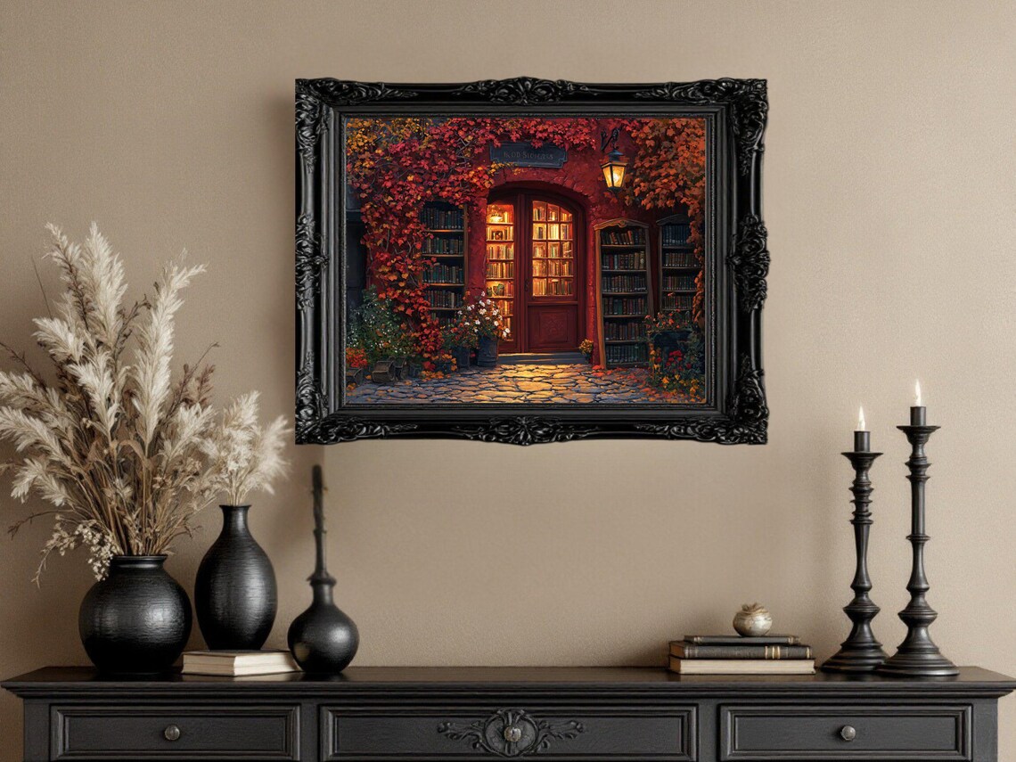 Cozy Bookstore Entrance, Autumn Vine Covered Doorway - Image 3