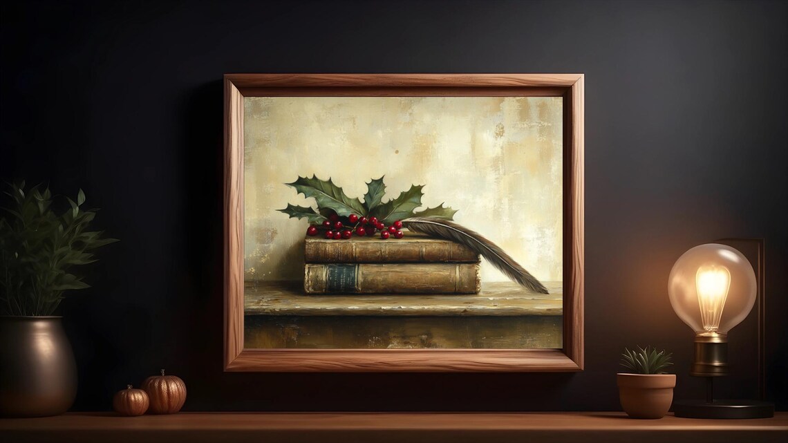 Vintage Holly And Books Rustic Christmas Decor - Image 3