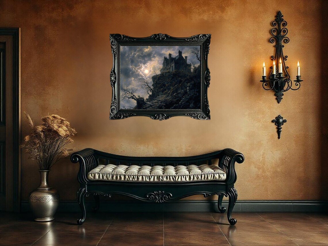 Gothic Haunted House On Cliff, Spooky Landscape Print - Image 2