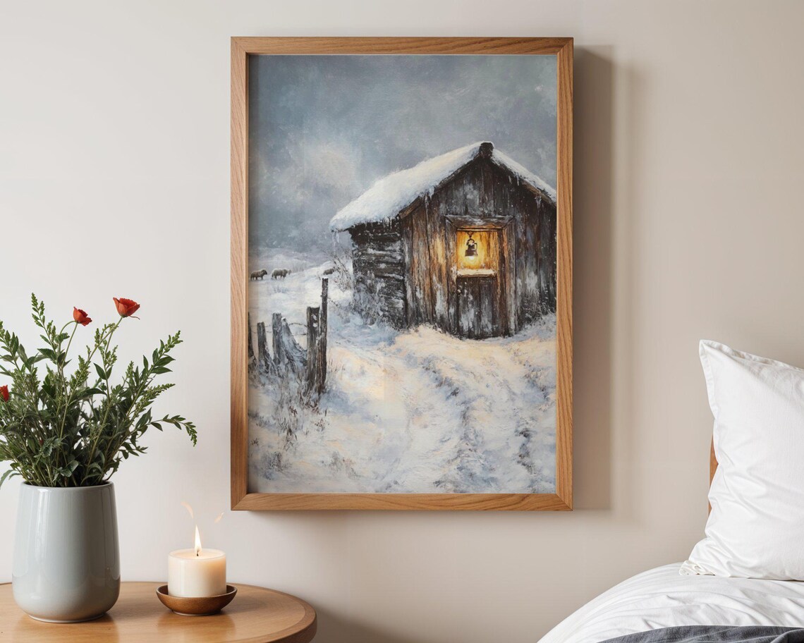 Winter Snow Scene - Rustic Cabin Painting
