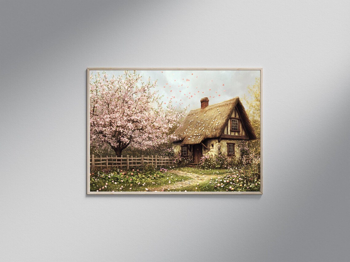 Cottage In Bloom, Rustic Vintage Spring Landscape Art Print