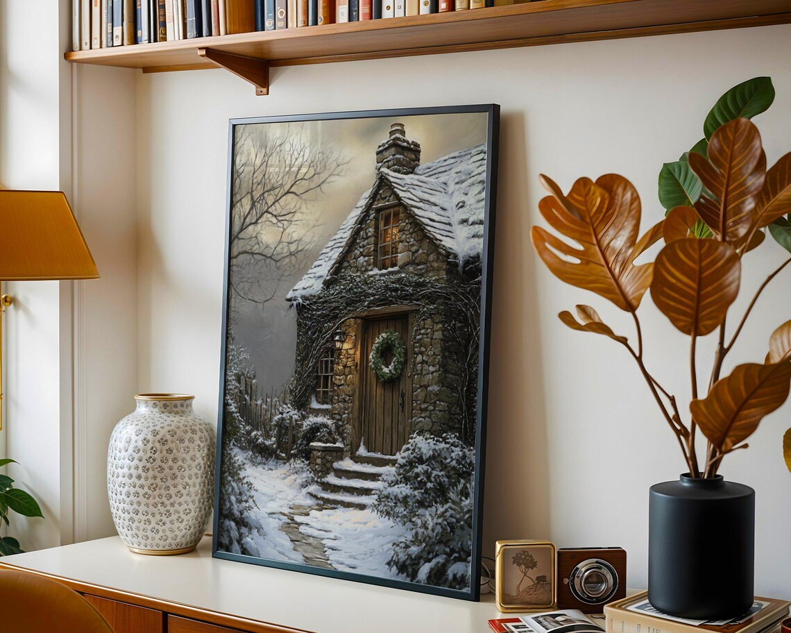 Cozy Snowy Cottage, Rustic Winter Wonderland Poster - Image 2