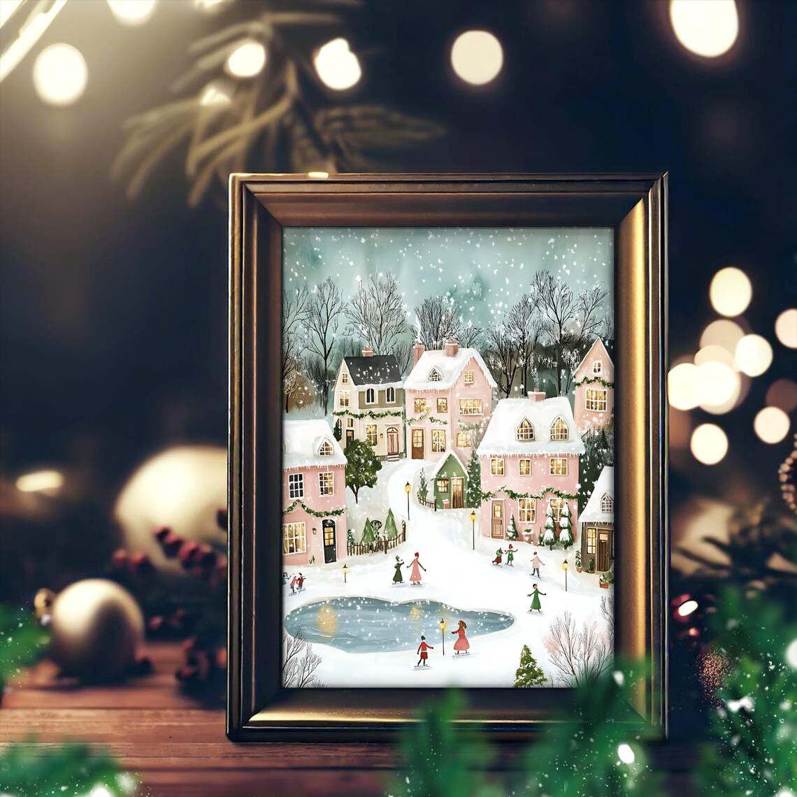 Winter Wonderland Village Art, Festive Ice Skating Scene