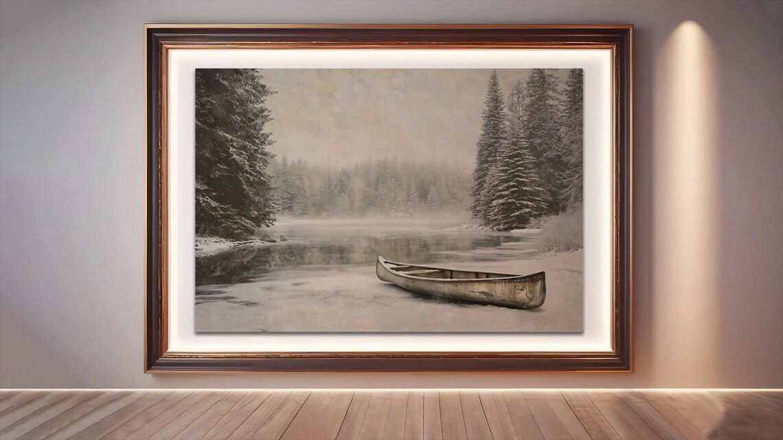 Vintage Winter Canoe, Snowy Lake Forest Decor - Image 3
