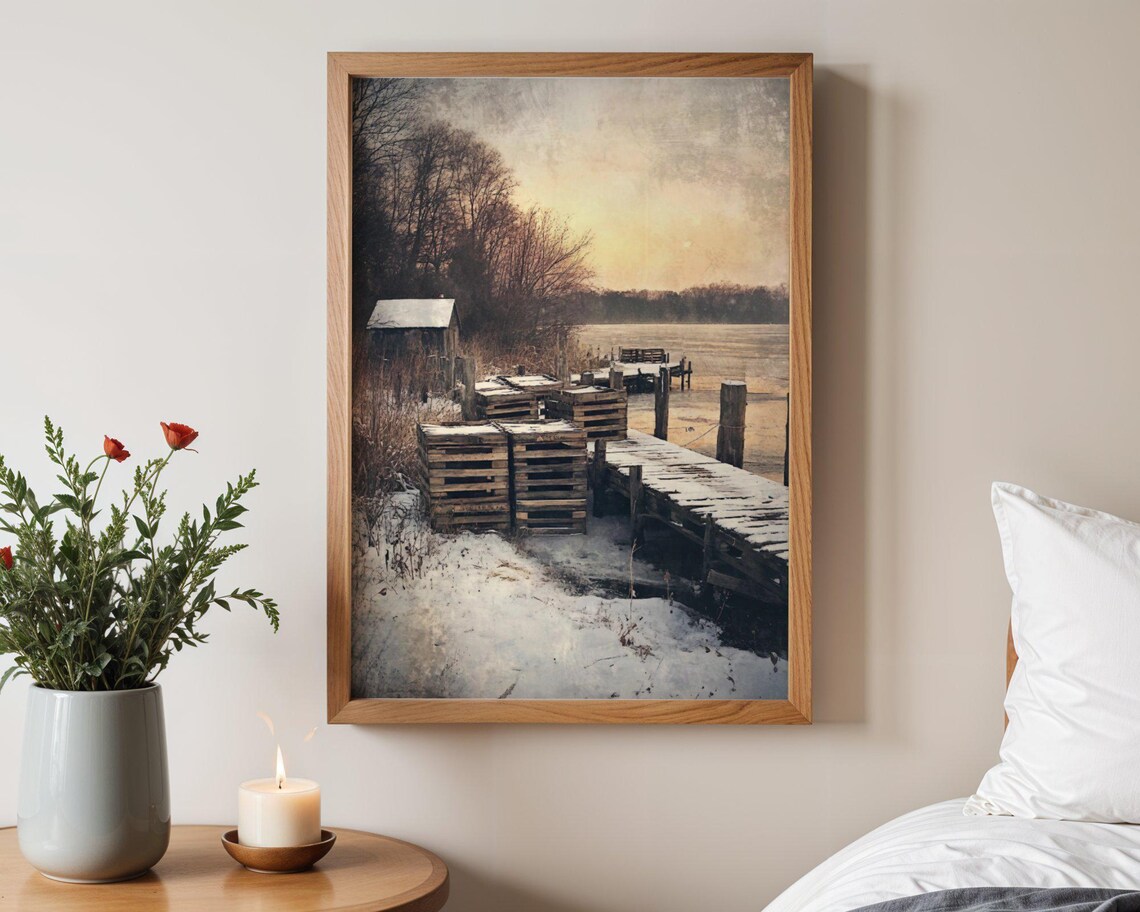 Rustic Winter Dock Scene, Vintage Lake View