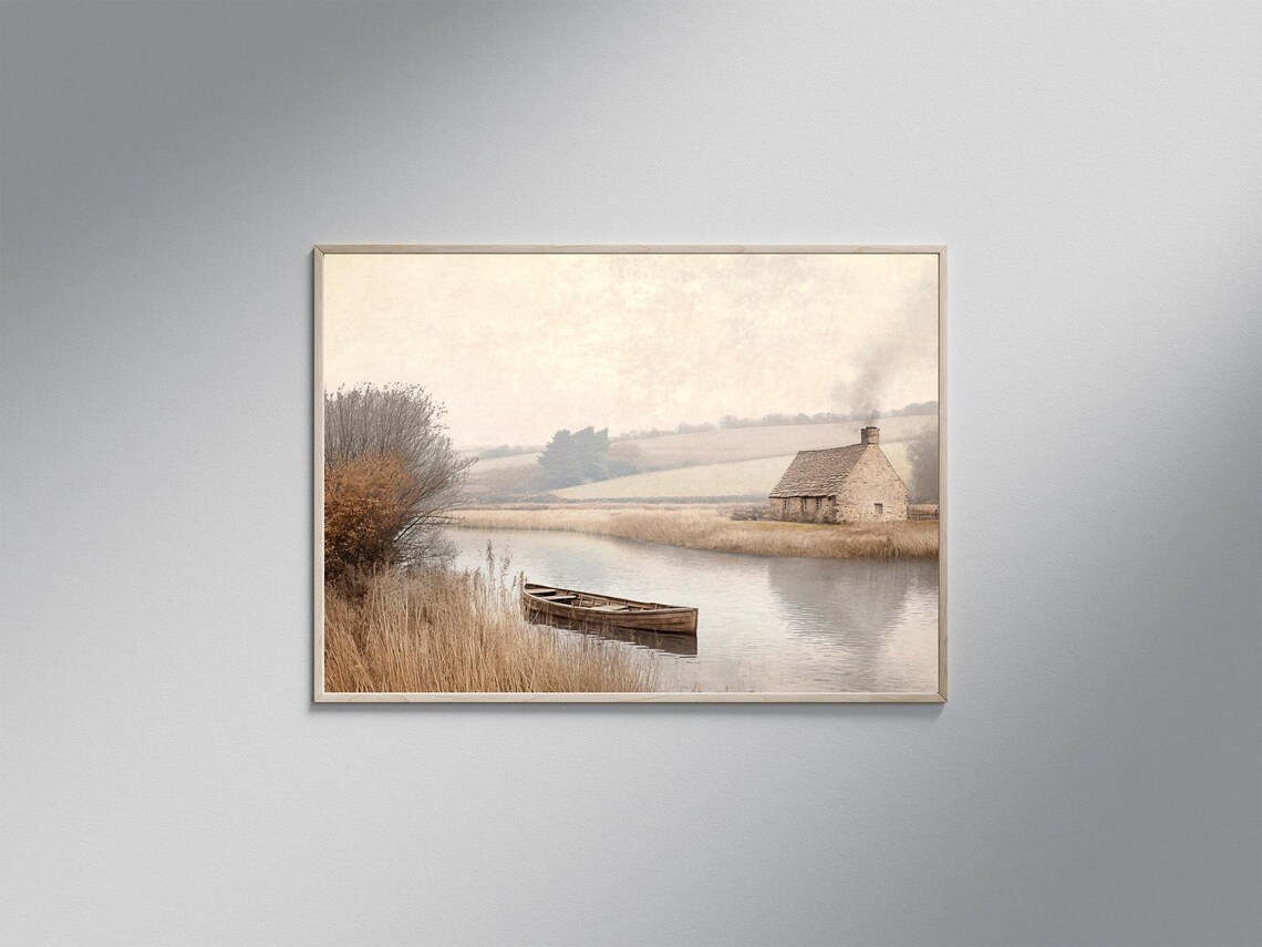 Rustic Countryside River Scene, Landscape Art Print