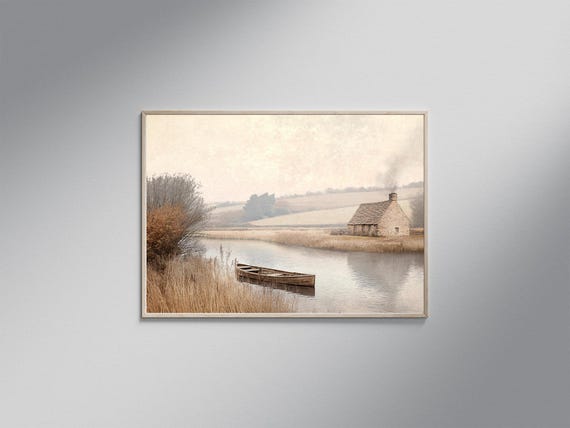 Rustic Countryside River Scene, Landscape Art Print