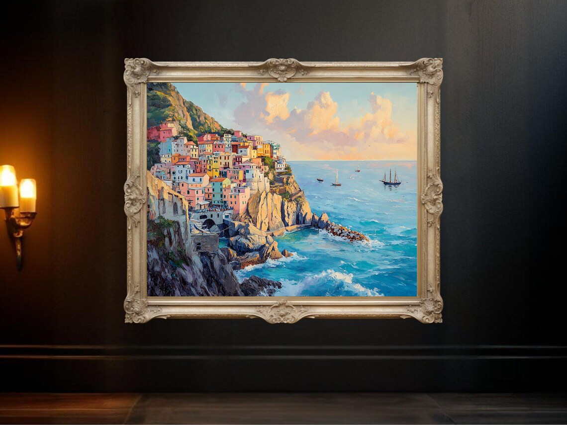 Coastal Mediterranean Village Sunset, Italian Seaside Art Print