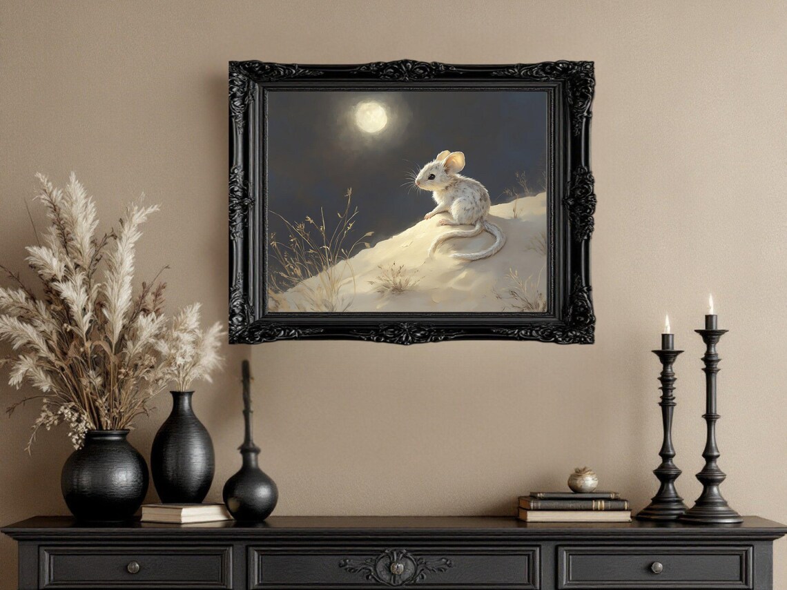 Cute Mouse Moonlit Night, Whimsical Animal Art Print - Image 2