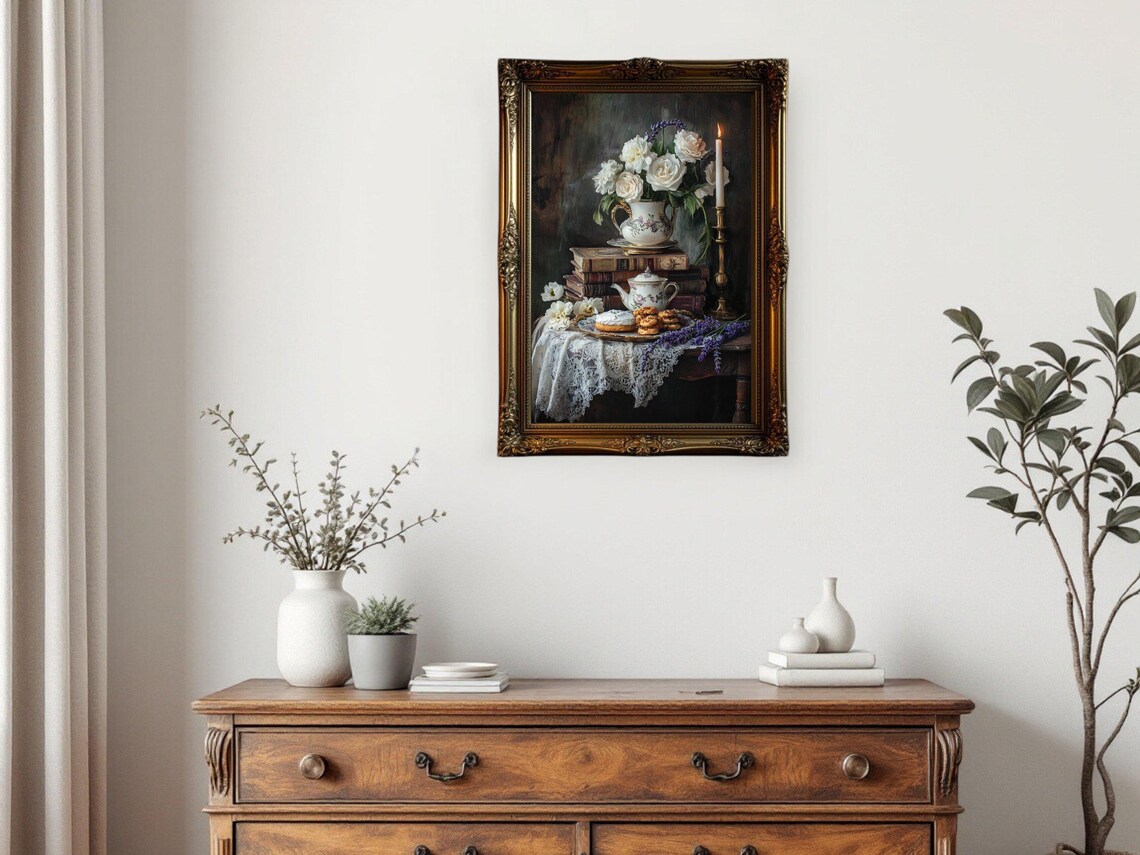 Vintage Floral Still Life, Elegant Tea Time Decor - Image 2