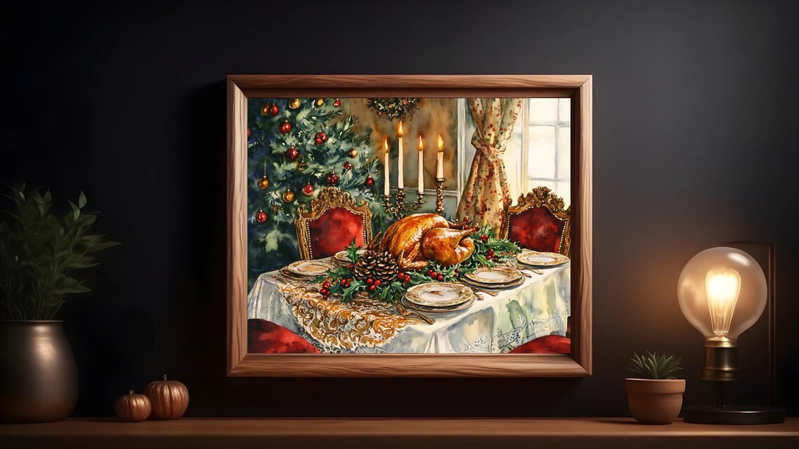 Christmas Feast, Rustic Vintage Holiday Table Art Print - Image 3