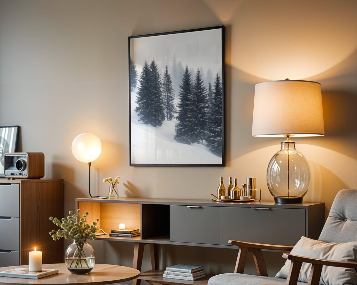 Winter Wonderland Forest, Minimalist Mountains Landscape - Image 3