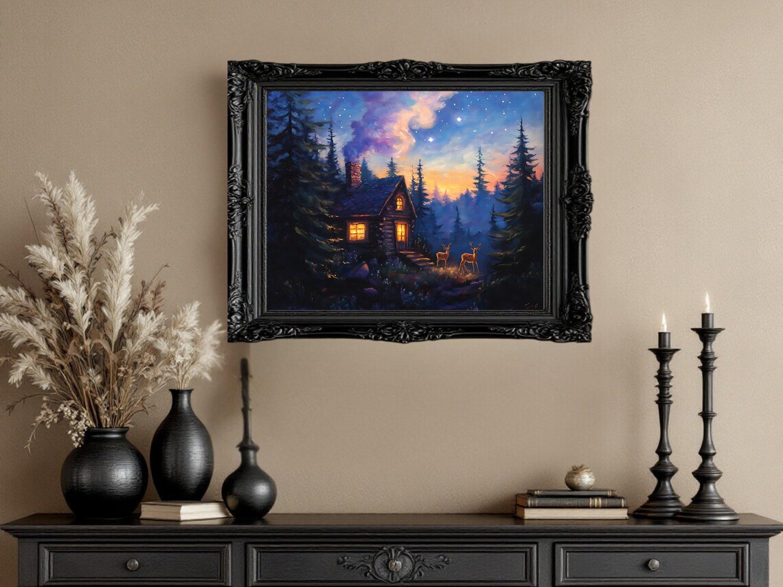 Starry Night Cabin In The Woods, Nature Landscape - Image 2