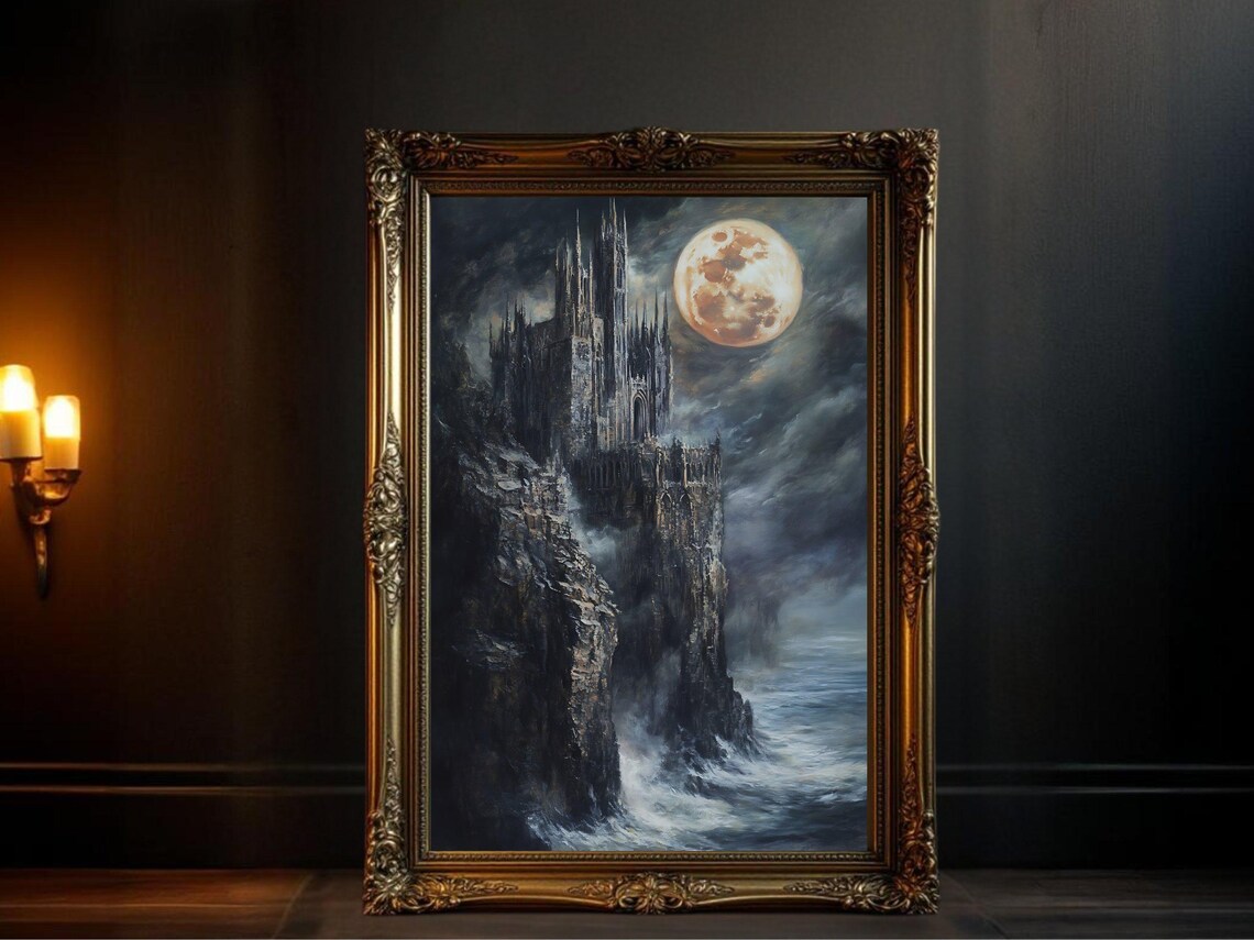 Dark Gothic Castle, Full Moon Night Fantasy Landscape