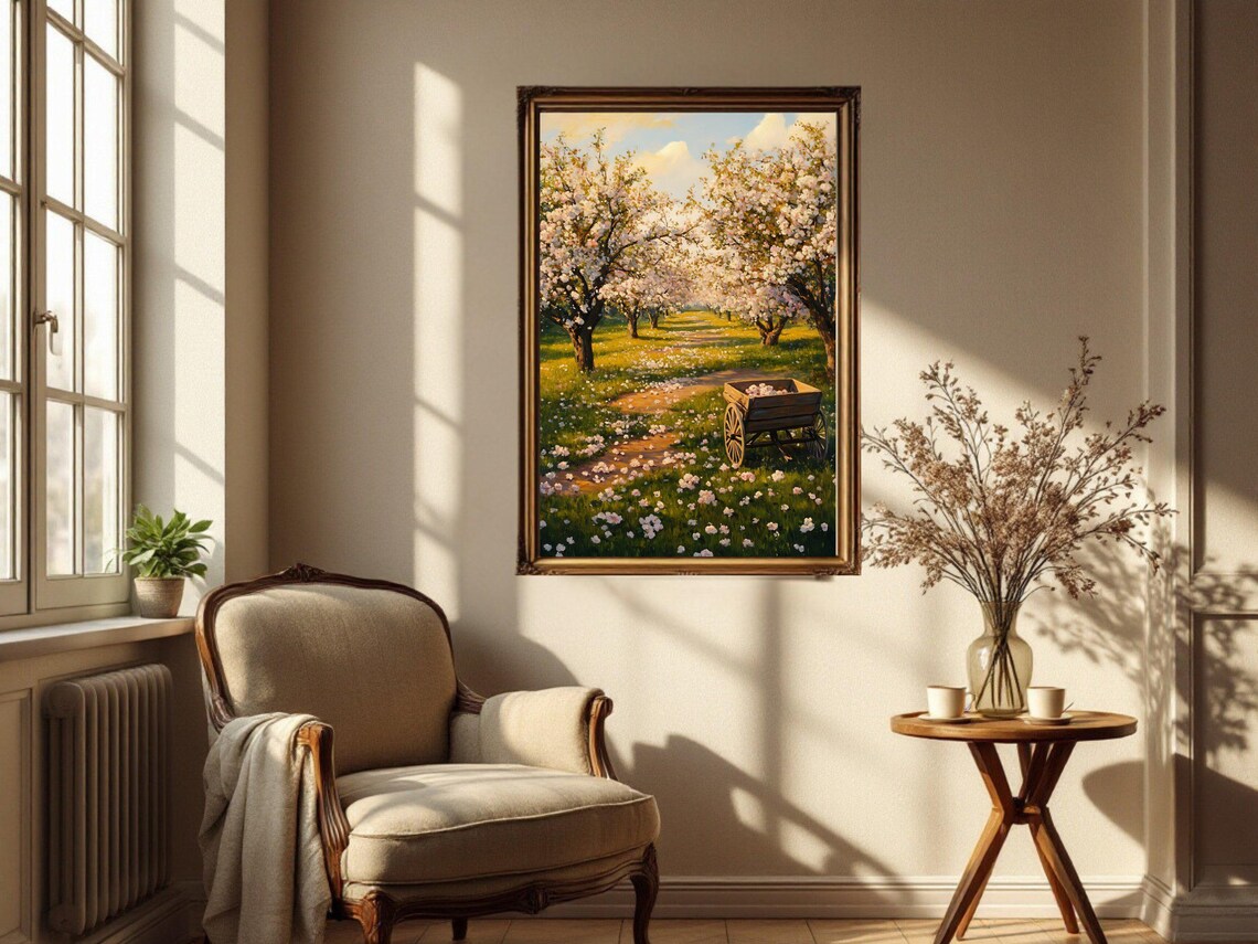 Cherry Blossom Pathway, Vintage Landscape Painting - Image 3